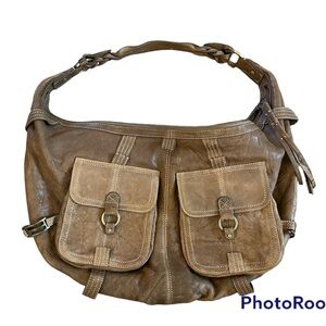 Hayden Harnett taupe gray brown lamb leather oversize crescent circle hobo vtg